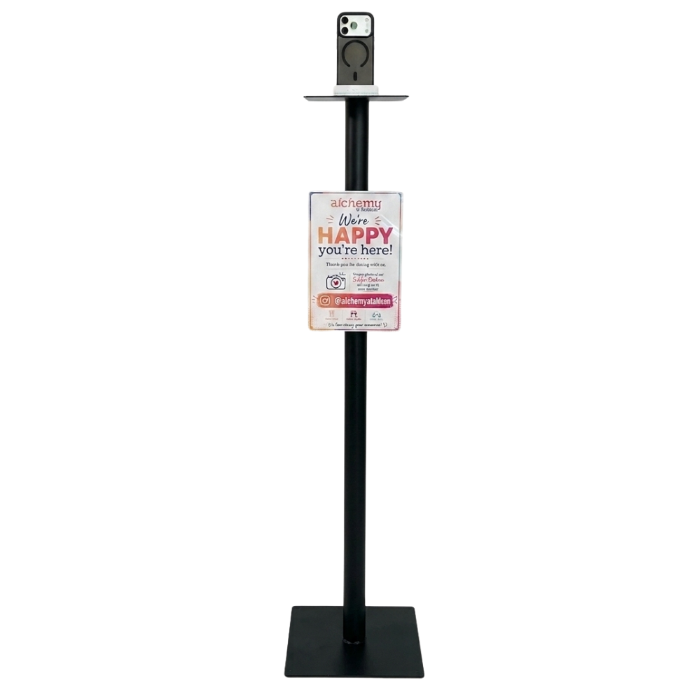 Custom branded sign panel for Selfie Station showing venue logo and character artwork.