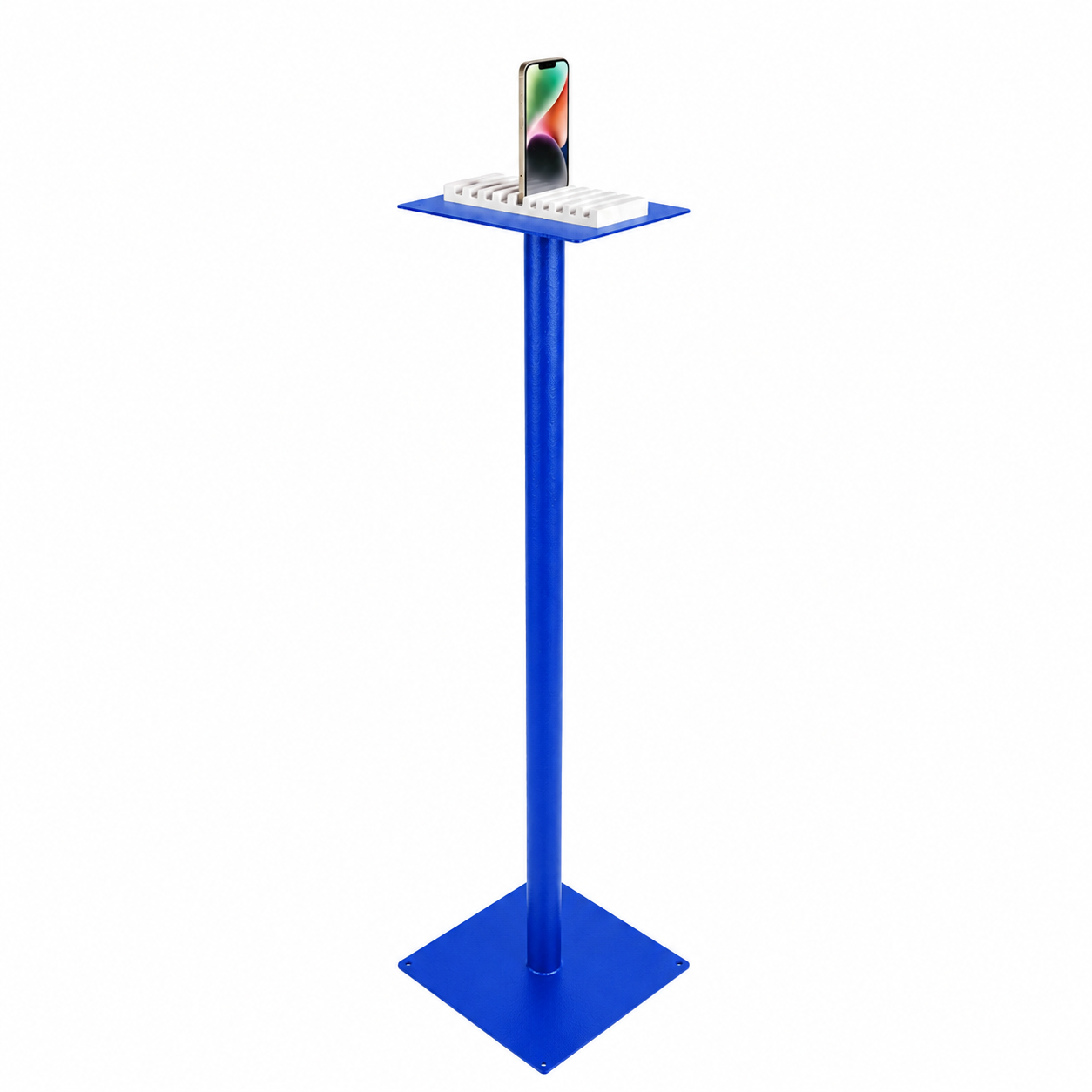 Selfie Station in custom blue powder-coat finish showing color personalization options.