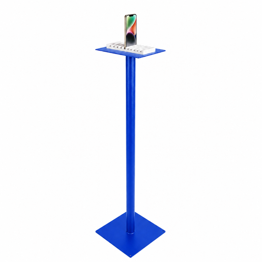 Selfie Station in custom blue powder-coat finish showing color personalization options.