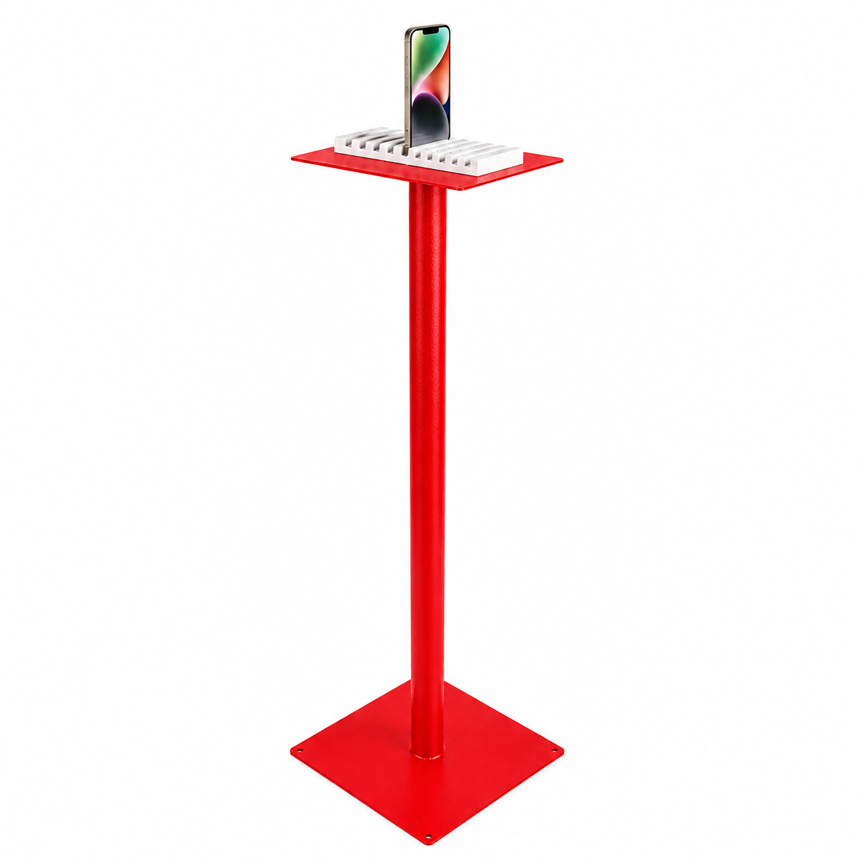 Custom color Selfie Station in bold red powder-coat finish for venue brand matching